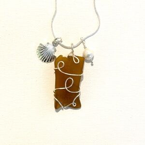 Genuine brown Sea glass necklace 925 sterling silver chain pendant seashell